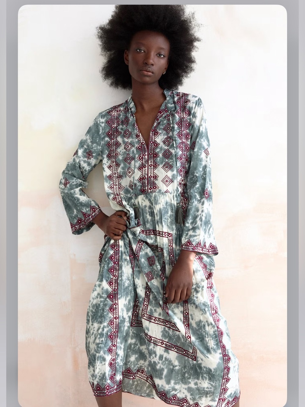 Zara Green Tie-Dye Limited edition Dress with Magenta Embroidered Trim